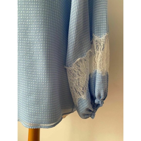 Massimo Dutti Gingham Lace Panel Bishop Sleeve Blouse Light Blue Size 10 / 38 - Picture 2 of 7